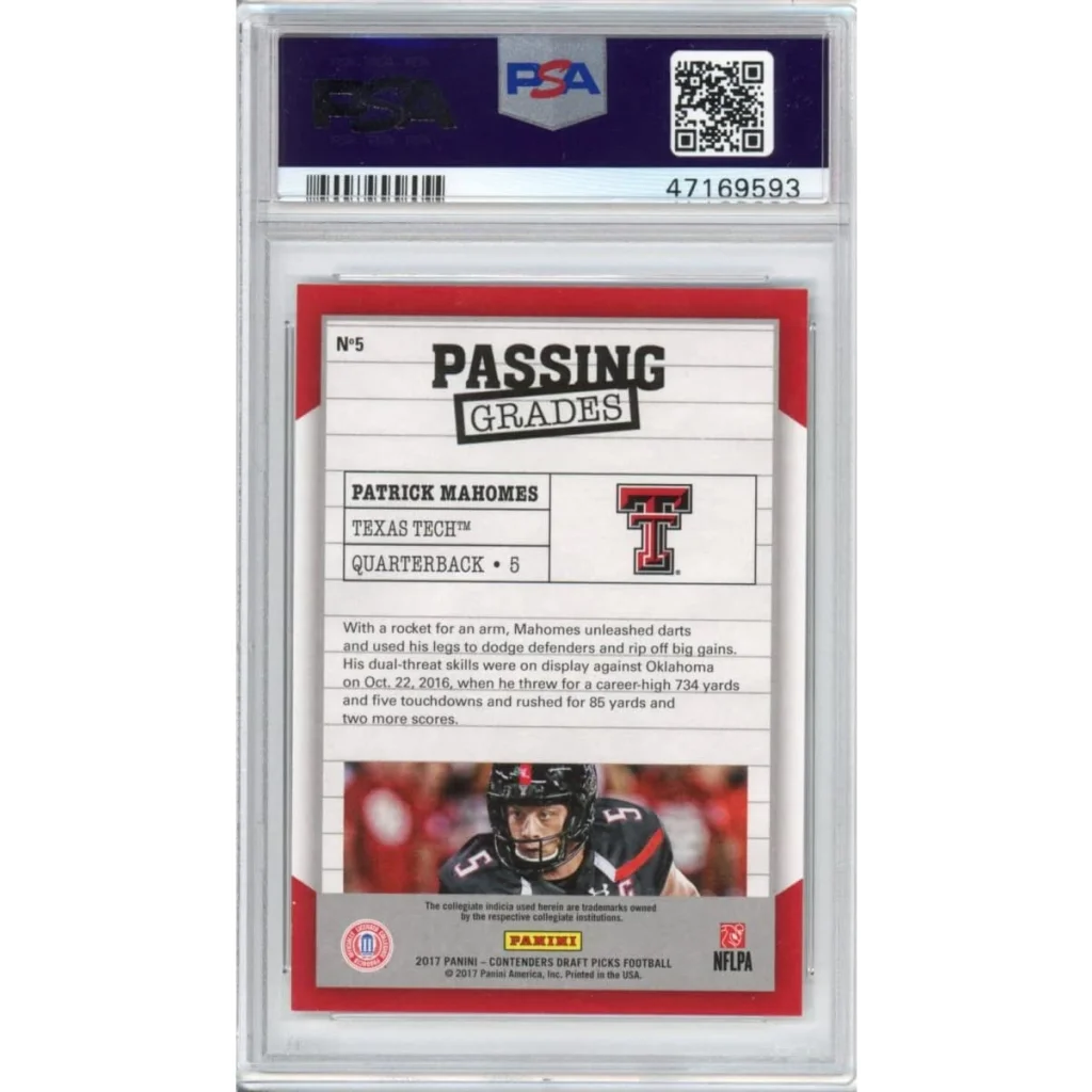 Graded Patrick Mahomes Texas Tech rookie football trading card in PSA holder