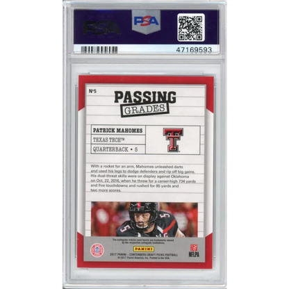 Graded Patrick Mahomes Texas Tech rookie football trading card in PSA holder