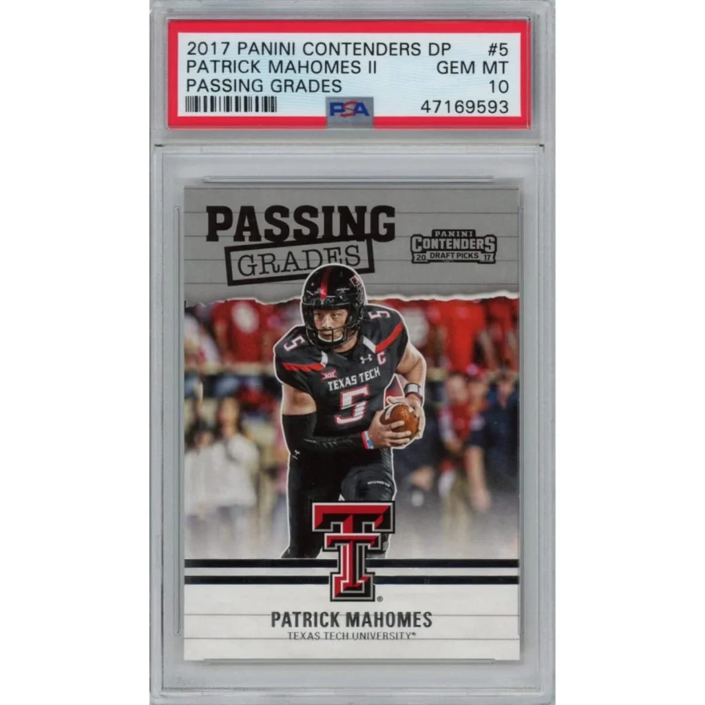 PSA graded Patrick Mahomes II Texas Tech rookie football trading card on display