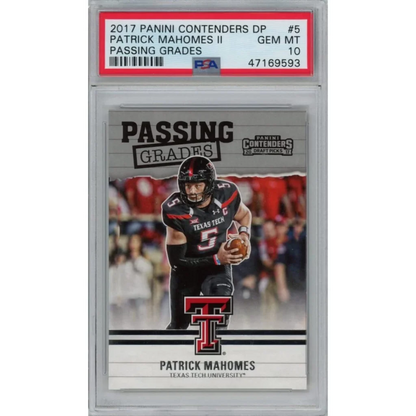 PSA graded Patrick Mahomes II Texas Tech rookie football trading card on display