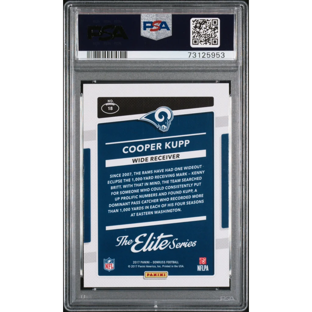 Graded Cooper Kupp Elite Series Rookie Football Card collectible gem on display