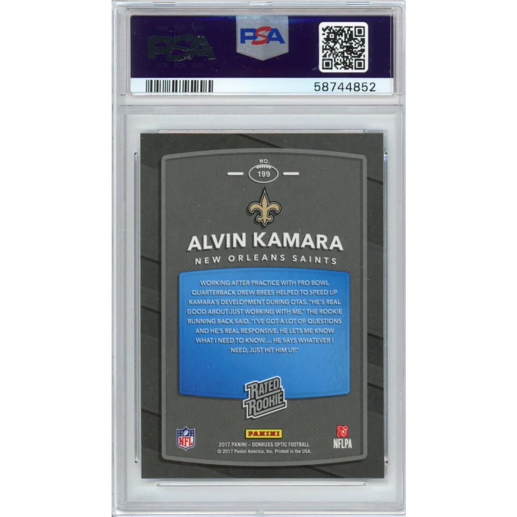PSA 10 Alvin Kamara 2017 Panini Donruss Optic Rookie Card Saints on display