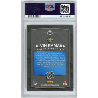 PSA 10 Alvin Kamara 2017 Panini Donruss Optic Rookie Card Saints on display