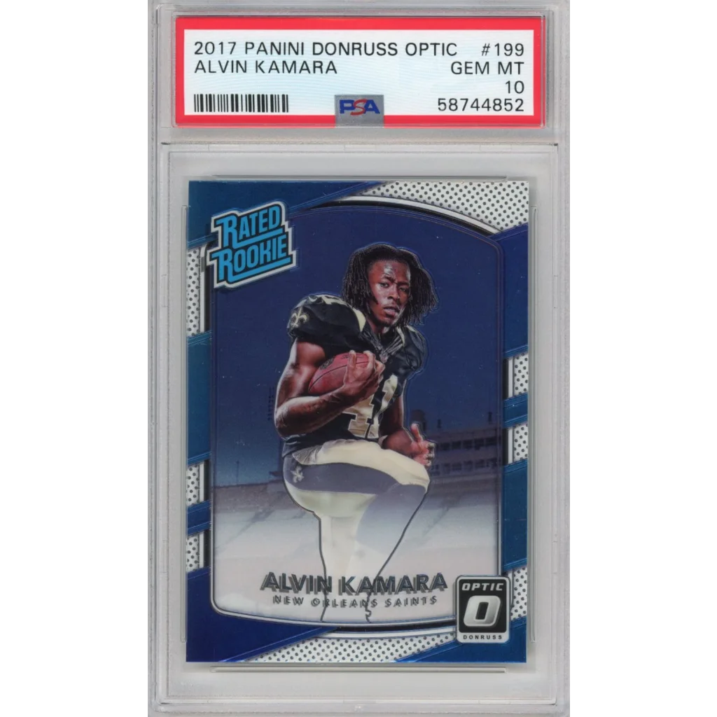 PSA 10 Alvin Kamara 2017 Panini Donruss Optic rookie card in Saints uniform