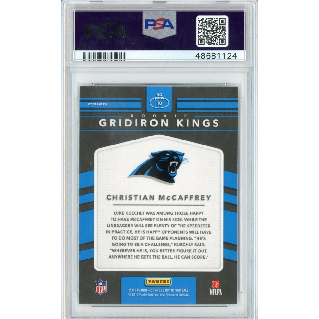 Graded 2017 Panini Donruss Optic Christian McCaffrey #10 Rookie Gridiron Kings Rookie RC Football Card PSA 10 Gem Mint | PSA 10 Gem Mint Graded Rookie Card | vintageantiquesgifts.com