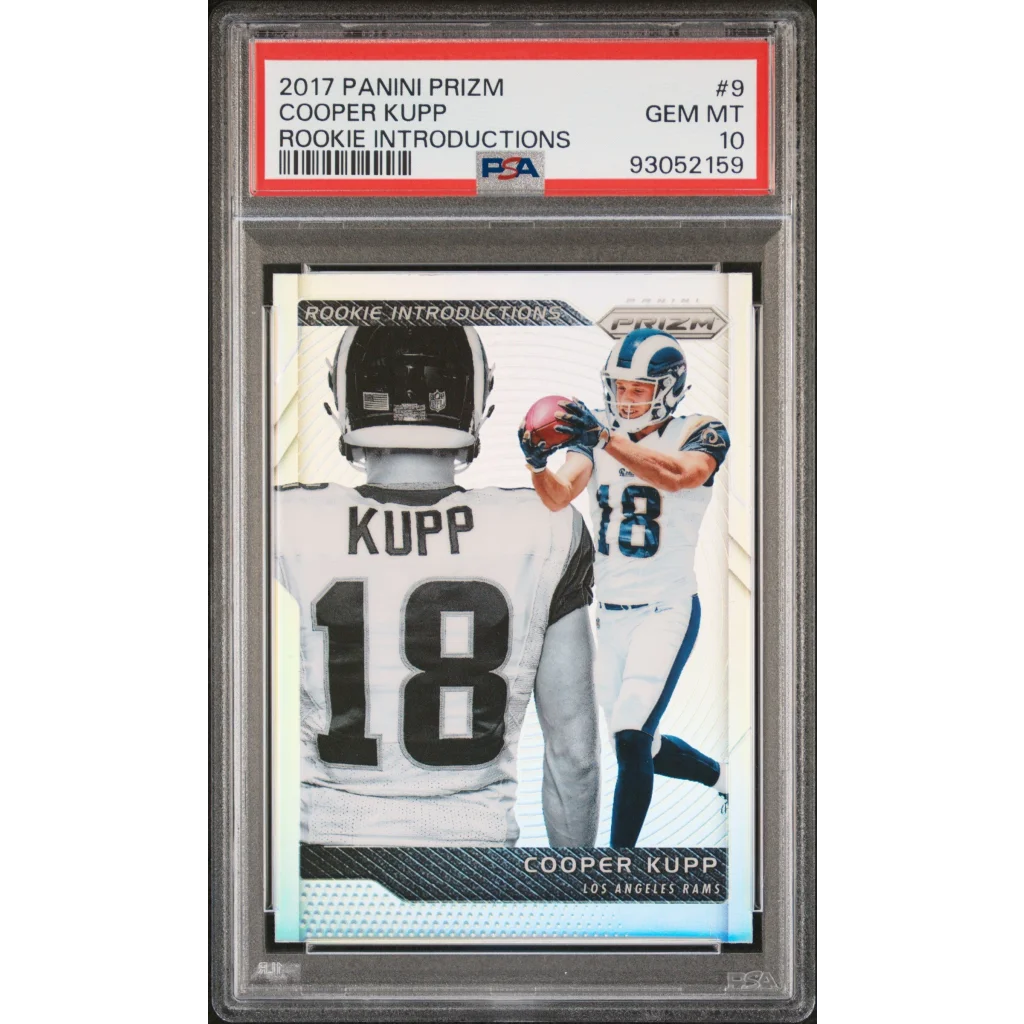 Graded Cooper Kupp 2017 Panini Prizm rookie sports card displayed in PSA case