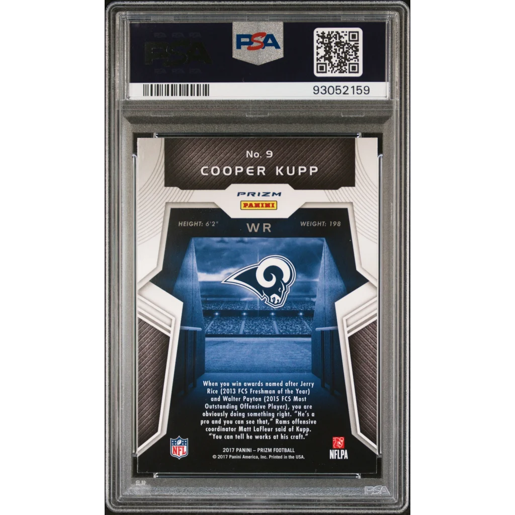 PSA graded Cooper Kupp football trading card from 2017 Panini Prizm sports card collection