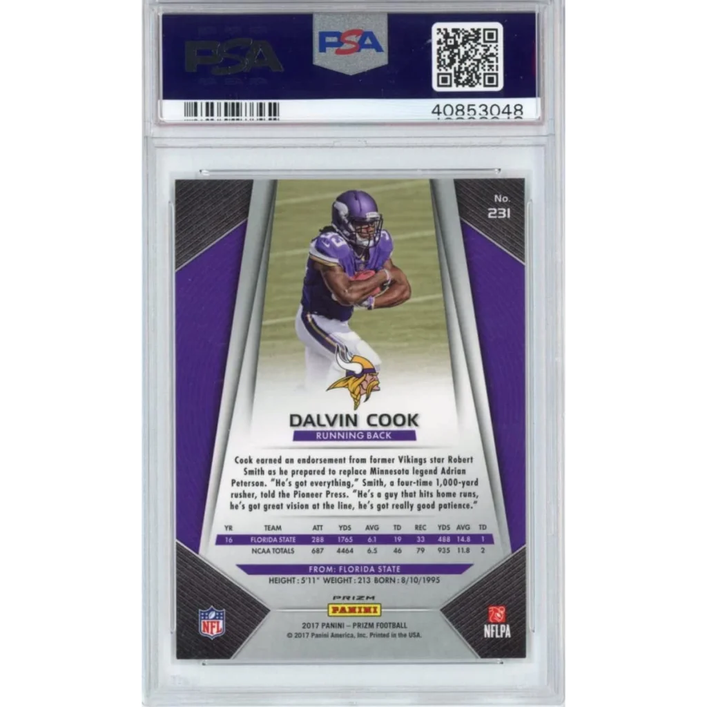 Graded 2017 Panini Prizm Dalvin Cook #231 Prizm Rookie RC Football Card PSA 10 Gem Mint | PSA 10 Gem Mint Graded Rookie Card | vintageantiquesgifts.com