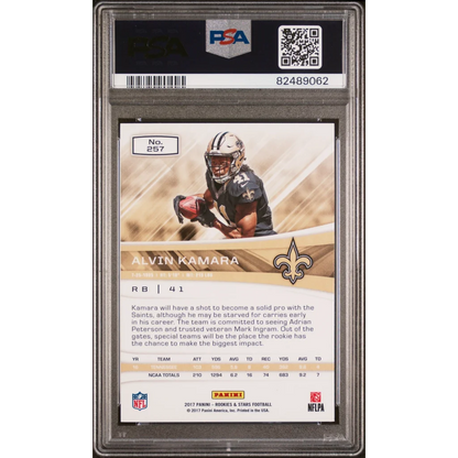Graded PSA 10 Alvin Kamara 2017 Panini Rookies & Stars football card in mint condition