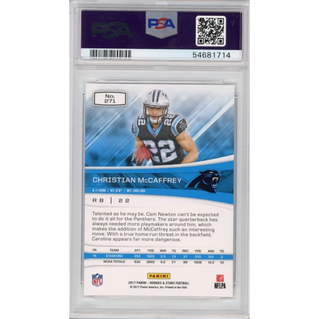Graded 2017 Panini Rookies & Stars Christian McCaffrey #271 Rookie RC Football Card PSA 10 Gem Mint | PSA 10 Gem Mint Graded Rookie Card | vintageantiquesgifts.com