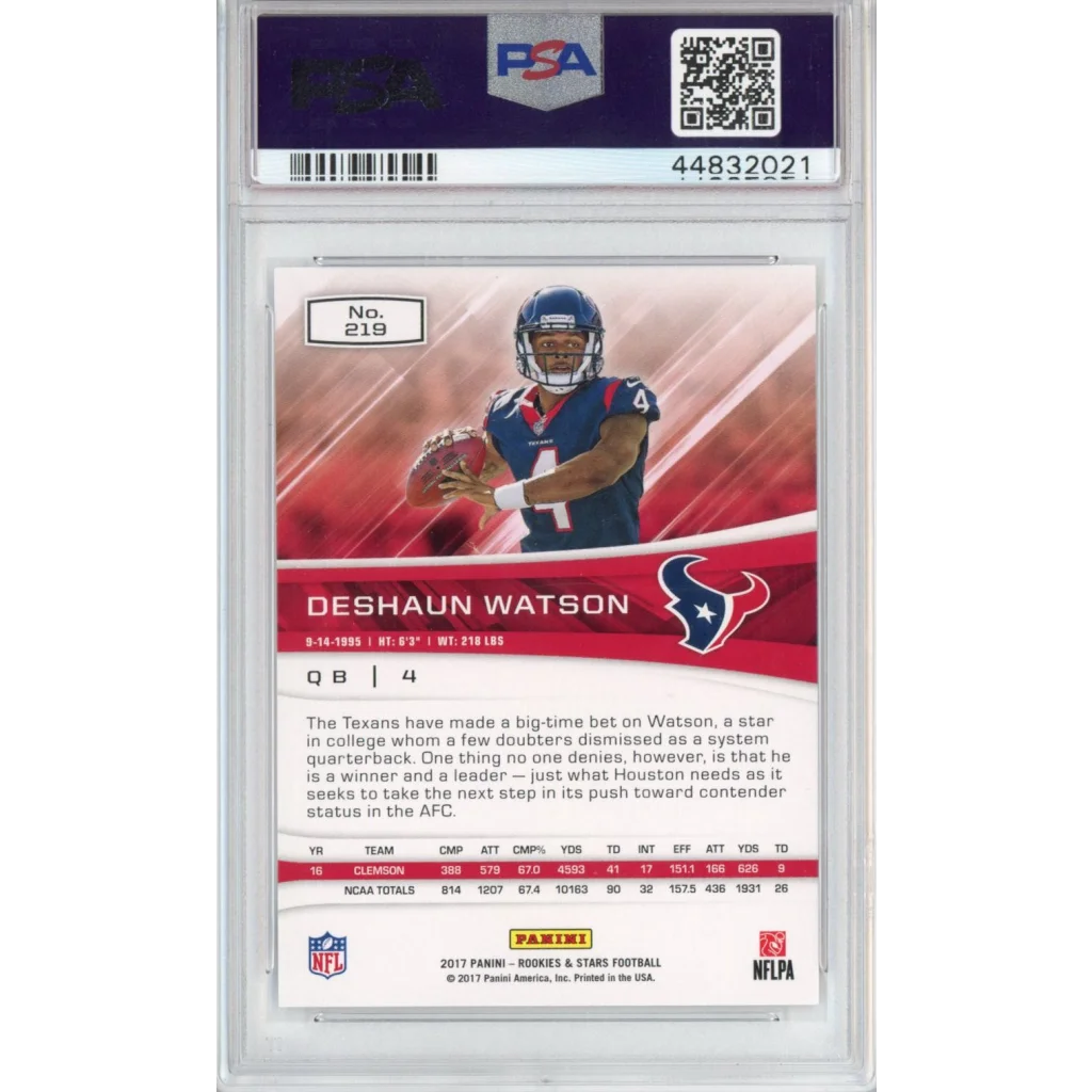 Graded Deshaun Watson 2017 Panini Rookie Card in PSA GEM MINT 10 condition