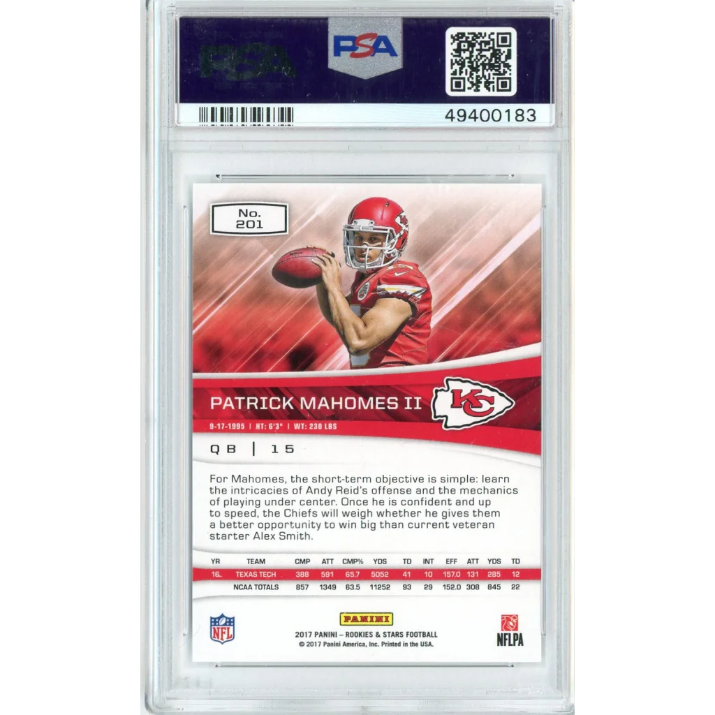 Graded 2017 Panini Rookies & Stars Patrick Mahomes II #201 Rookie RC Football Card PSA 10 Gem Mint | PSA 10 Gem Mint Graded Rookie Card | vintageantiquesgifts.com