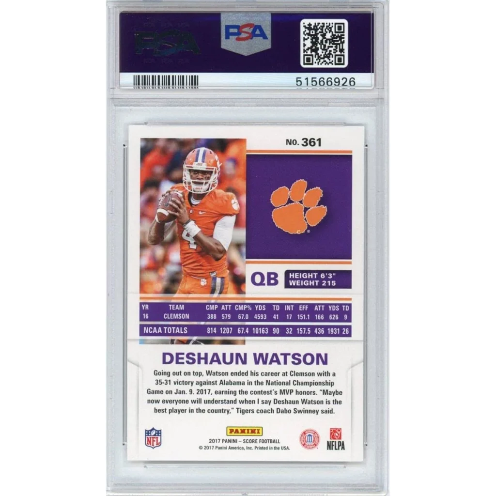 Graded Deshaun Watson 2017 Panini Score football card by professional sports authenticator