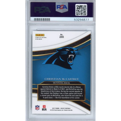 Graded Christian McCaffrey 2017 Panini Select Rookie Card with Carolina Panthers logo