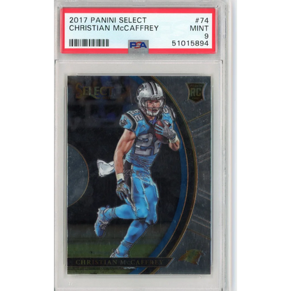 PSA 9 Christian McCaffrey 2017 Panini Select rookie card Mint Gem image