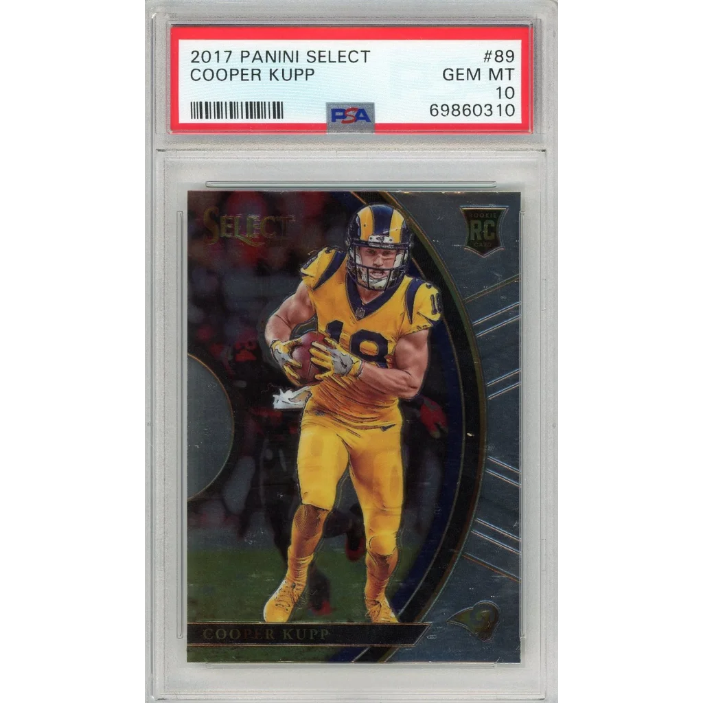 Graded 2017 Panini Select Cooper Kupp football rookie card in collectible display