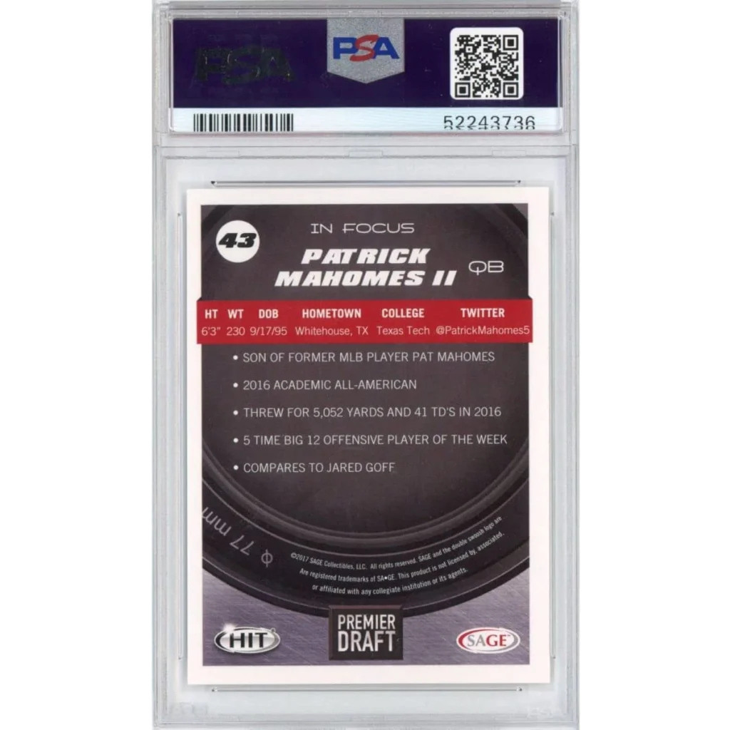 Graded 2017 Sage SA-GE Hit Patrick Mahomes II #43 Premier Draft Rookie RC Football Card PSA 10 Gem Mint | PSA 10 Gem Mint Graded Rookie Card | vintageantiquesgifts.com
