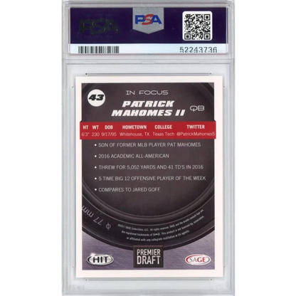 Graded 2017 Sage SA-GE Hit Patrick Mahomes II #43 Premier Draft Rookie RC Football Card PSA 10 Gem Mint | PSA 10 Gem Mint Graded Rookie Card | vintageantiquesgifts.com