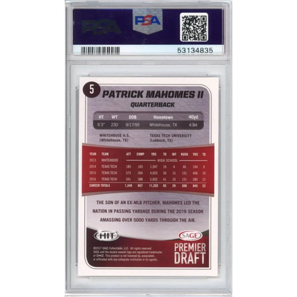 Graded 2017 Sage SA-GE Hit Patrick Mahomes II #5 Premier Draft Rookie RC Football Card PSA 10 Gem Mint | PSA 10 Gem Mint Graded Rookie Card | vintageantiquesgifts.com