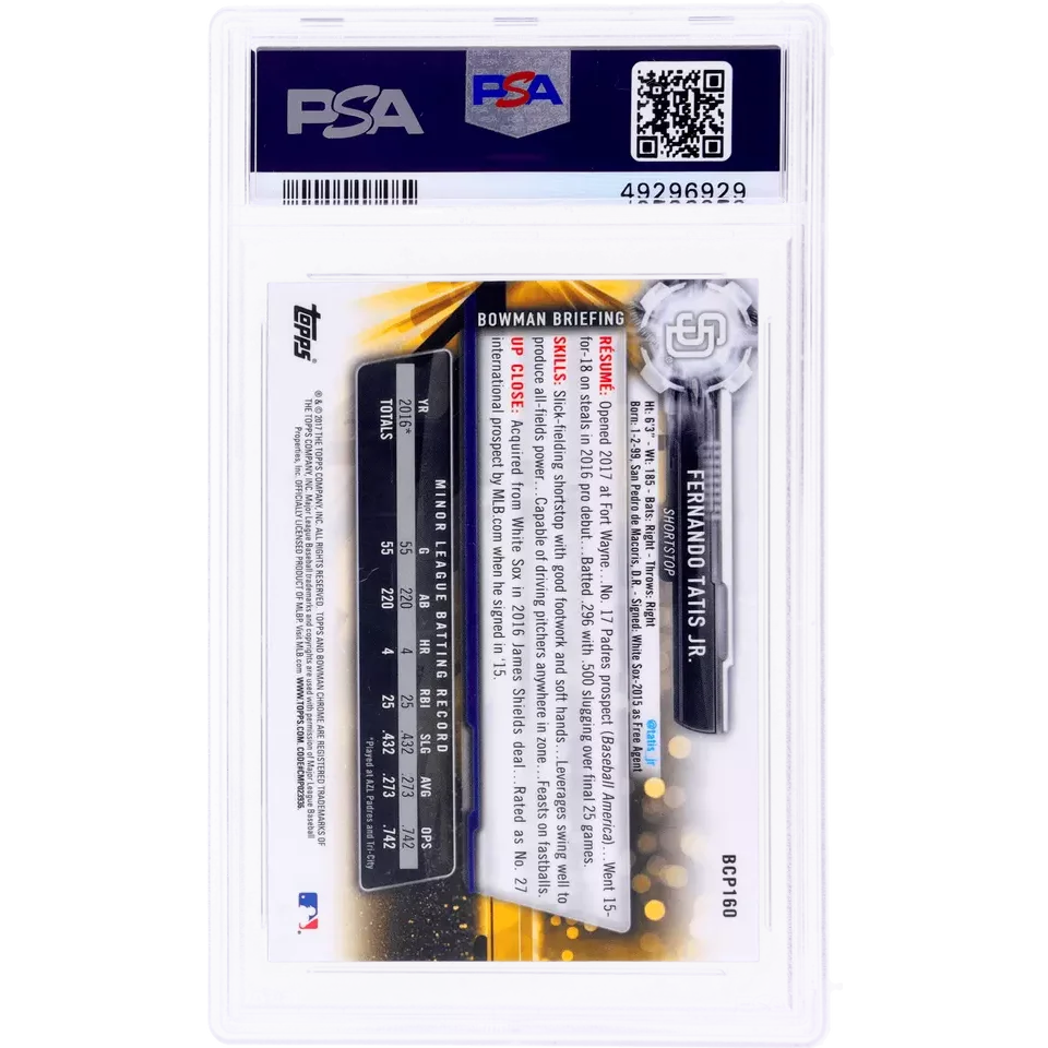 PSA graded Fernando Tatis Jr Bowman Chrome baseball card on display