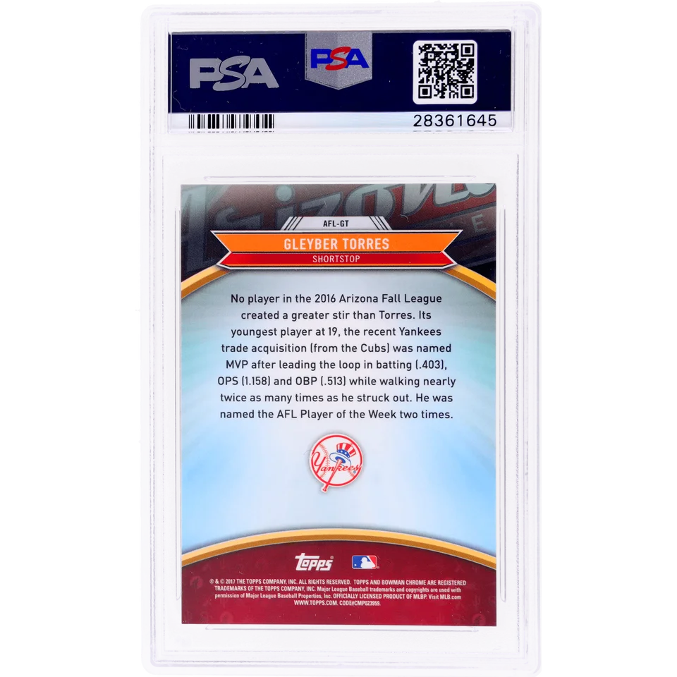 Graded 2017 Topps Bowman Chrome Gleyber Torres #AFLGT 2016 AFL Fall Stars Rookie RC Baseball Card PSA 10 Gem Mint | PSA 10 Gem Mint Graded Rookie Card | vintageantiquesgifts.com