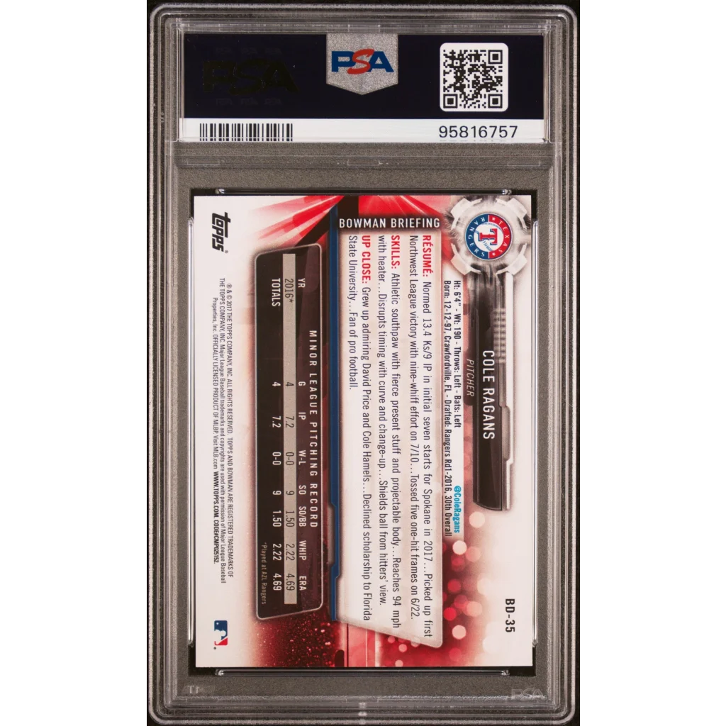 Graded 2017 Topps Bowman Draft Cole Ragans #BD35 Rookie RC Baseball Card PSA 10 Gem Mint | PSA 10 Gem Mint Graded Rookie Card | vintageantiquesgifts.com