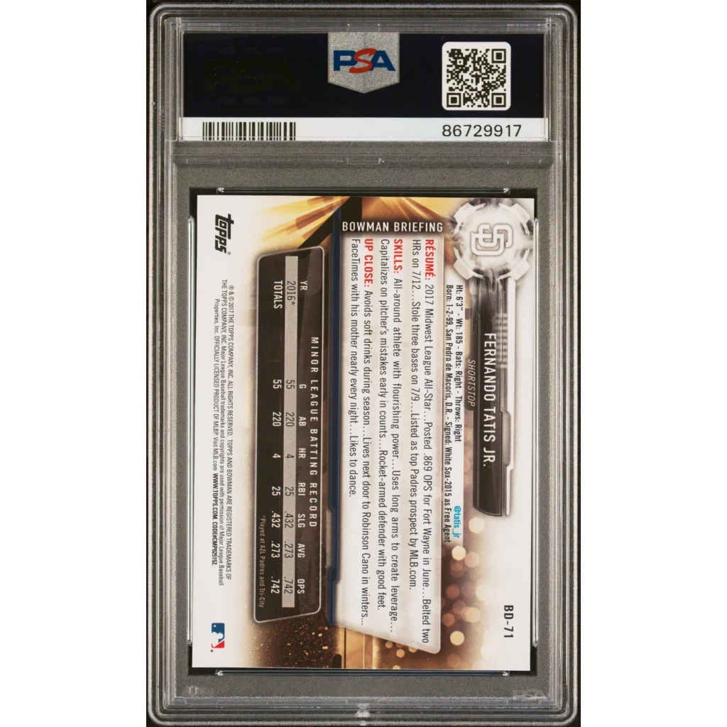 PSA graded Fernando Tatis Jr 2017 Bowman Draft Rookie Card baseball card image