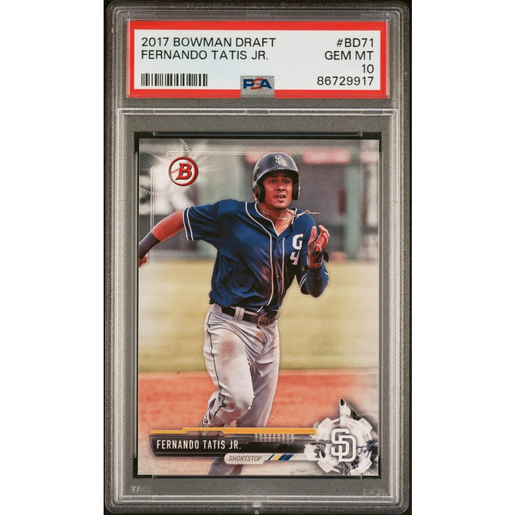 A graded 2017 Bowman Draft Fernando Tatis Jr baseball card in PSA holder