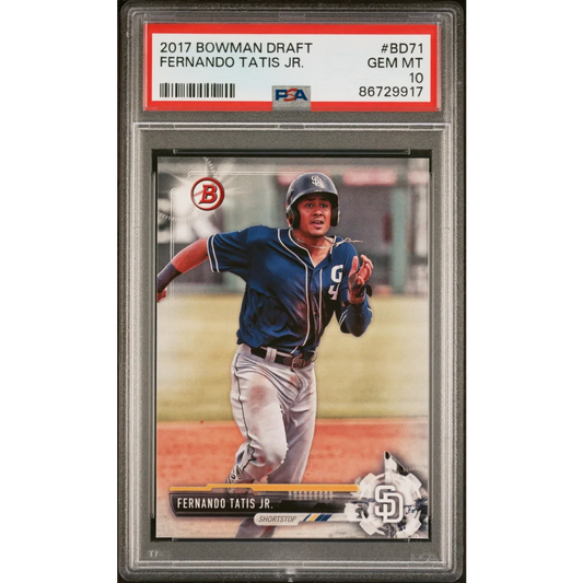 A graded 2017 Bowman Draft Fernando Tatis Jr baseball card in PSA holder