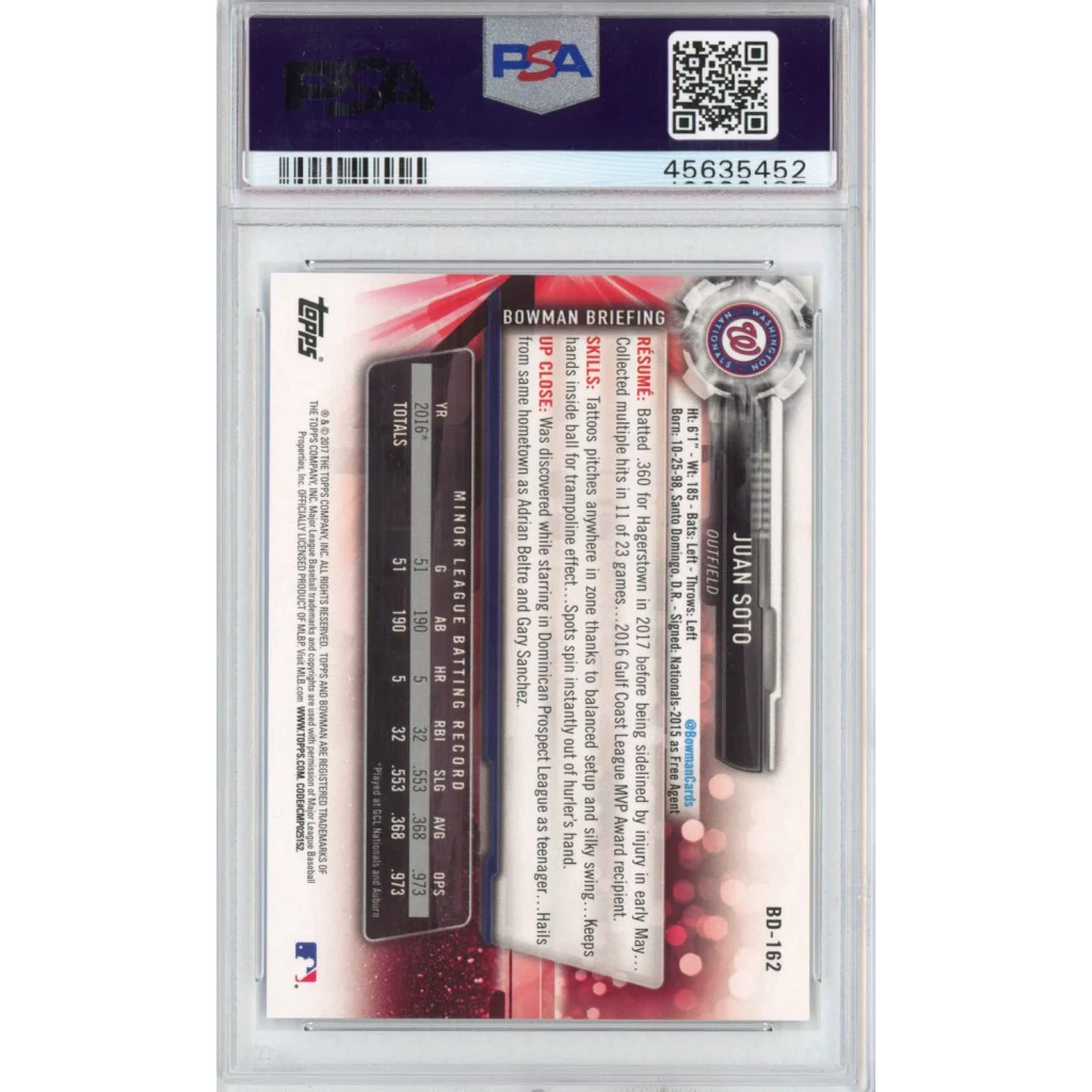 A graded PSA 10 Juan Soto 2017 Bowman Draft Rookie Card Gem Mint perfect