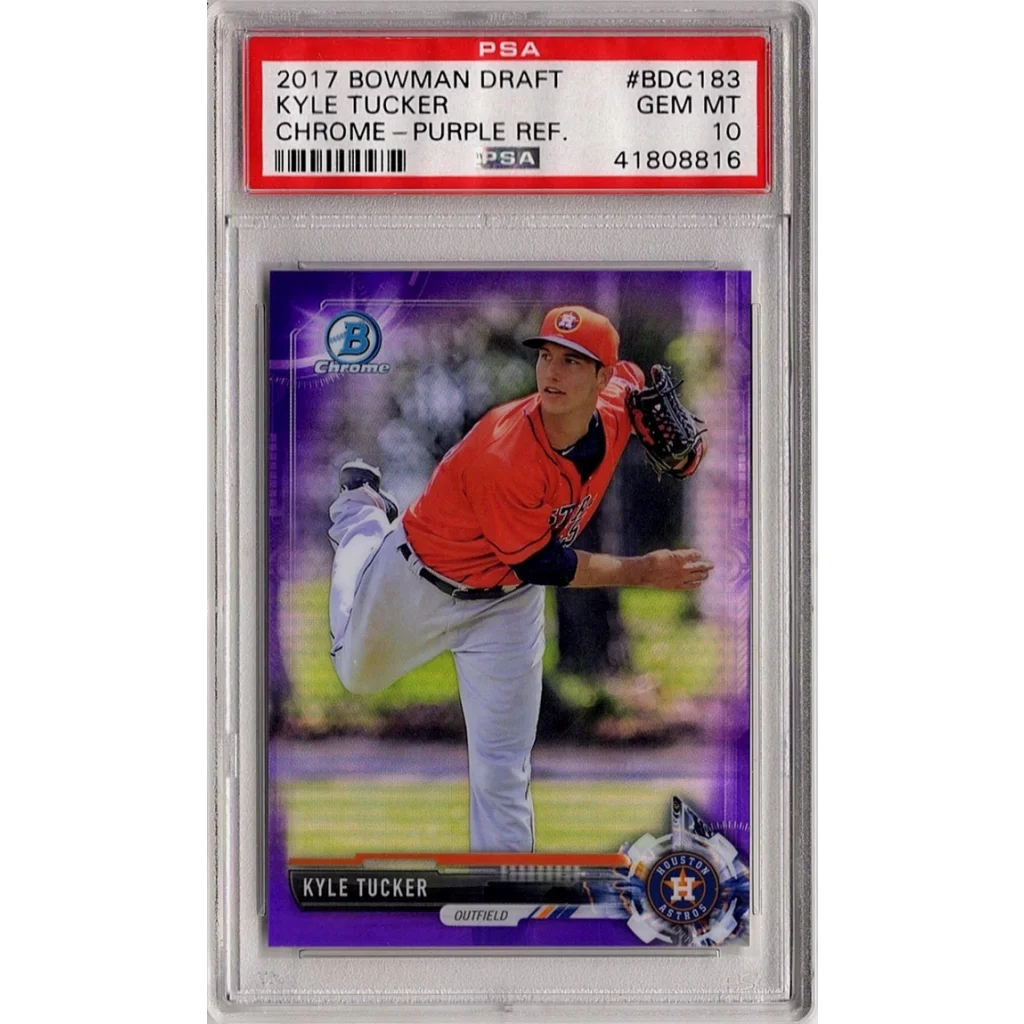 PSA Graded Kyle Tucker Purple Chrome Refractor baseball card from 2017 Bowman Draft