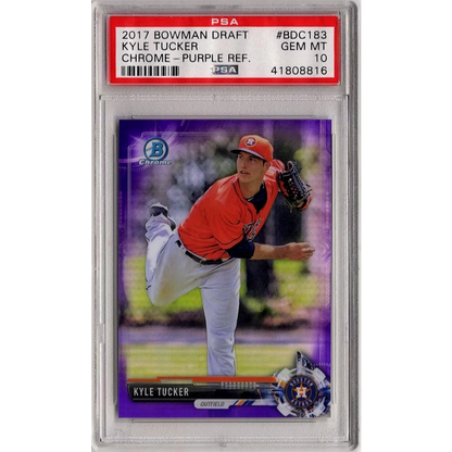 PSA Graded Kyle Tucker Purple Chrome Refractor baseball card from 2017 Bowman Draft