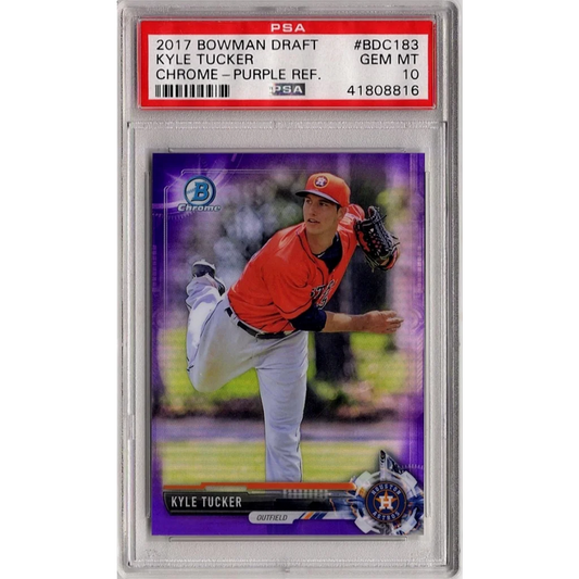 PSA Graded Kyle Tucker Purple Chrome Refractor baseball card from 2017 Bowman Draft