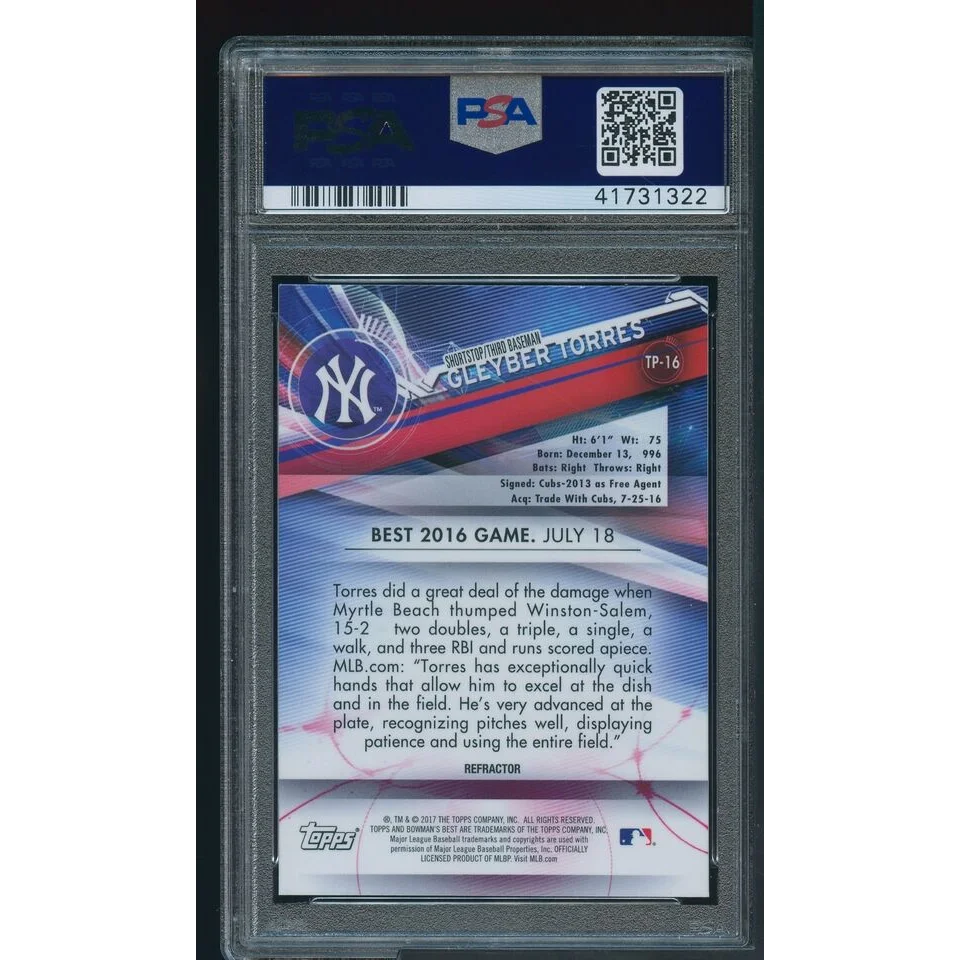 PSA graded Gleyber Torres 2017 Bowman’s Best baseball card in slab