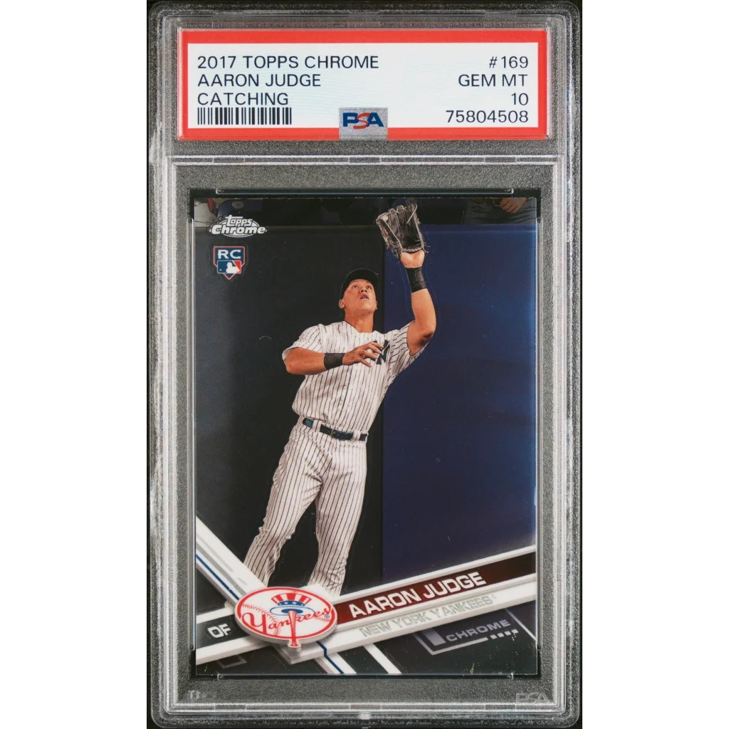 Graded 2017 Topps Chrome Aaron Judge #169 Catching Rookie RC Baseball Card PSA 10 Gem Mint | Hall of Fame Sports Memorabilia | vintageantiquesgifts.com