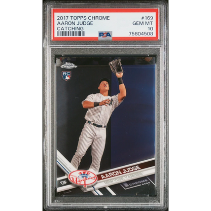 Graded 2017 Topps Chrome Aaron Judge #169 Catching Rookie RC Baseball Card PSA 10 Gem Mint | Hall of Fame Sports Memorabilia | vintageantiquesgifts.com