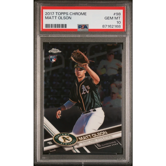 PSA graded 2017 Topps Chrome Matt Olson rookie baseball card on display