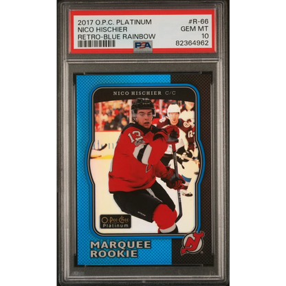 PSA 10 Nico Hischier Retro Blue Rainbow Rookie Card with GEM MT 10 grade