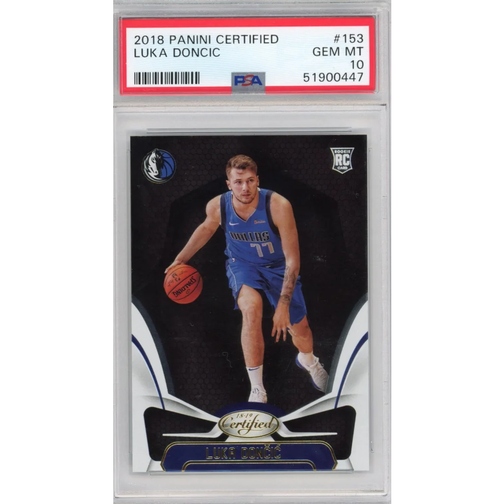 PSA graded 2018 Panini Certified Luka Doncic basketball card on display