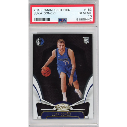 PSA graded 2018 Panini Certified Luka Doncic basketball card on display