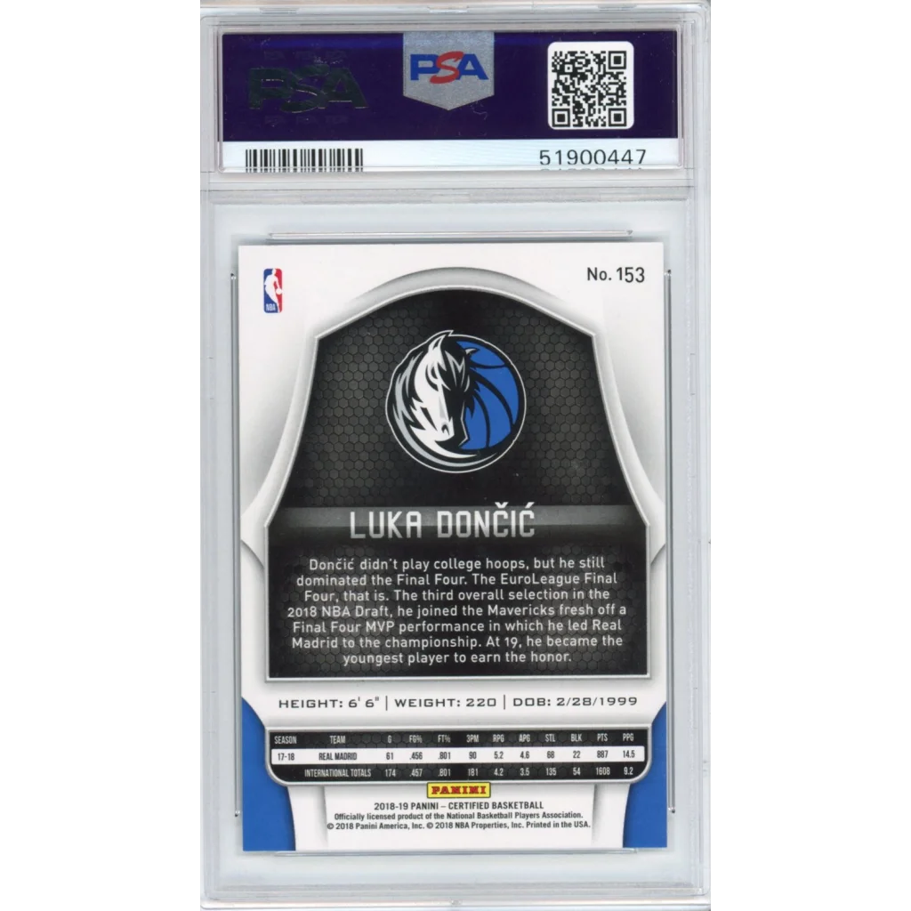 A graded Luka Doncic 2018 Panini Certified basketball card in PSA holder