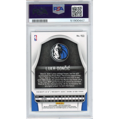A graded Luka Doncic 2018 Panini Certified basketball card in PSA holder