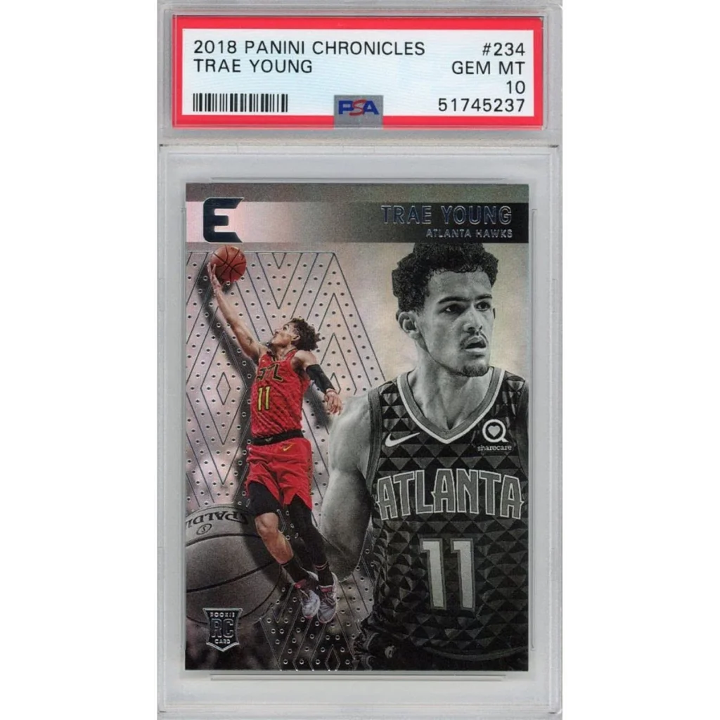 PSA graded 2018 Panini Chronicles Trae Young rookie basketball card on display