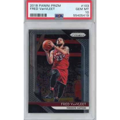 PSA graded 2018 Panini Prizm Fred VanVleet basketball card on display