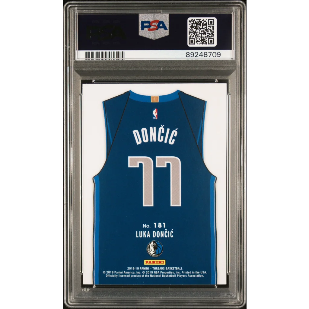 Graded 2018-19 Panini Threads luka doncic rookie basketball card psa 10 featuring blue jersey with white silver lettering
