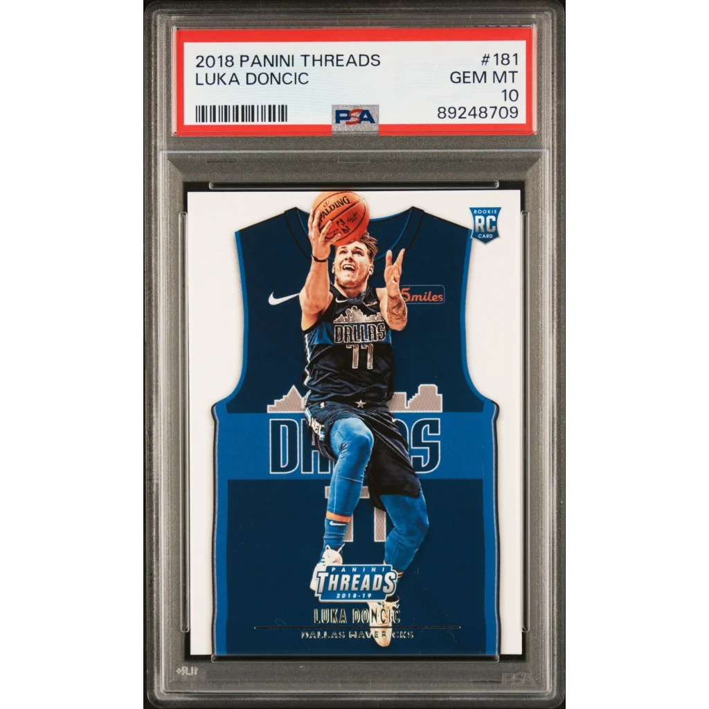 Graded 2018-19 Panini Threads Luka Doncic rookie card PSA 10 gem mint featuring blue Dallas Mavericks jersey number 77 holding basketball