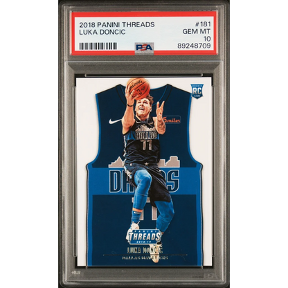 Graded 2018-19 Panini Threads Luka Doncic rookie card PSA 10 gem mint featuring blue Dallas Mavericks jersey number 77 holding basketball