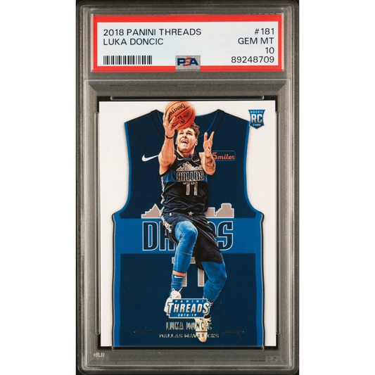 Graded 2018-19 Panini Threads Luka Doncic rookie card PSA 10 gem mint featuring blue Dallas Mavericks jersey number 77 holding basketball