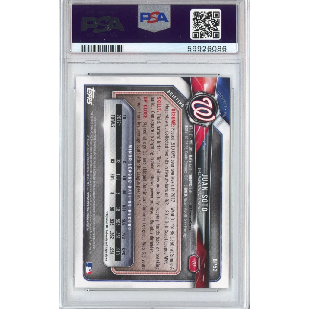 Graded 2018 Bowman Paper Prospects Juan Soto #BP52 Rookie RC Baseball Card PSA 10 Gem Mint | PSA 10 Gem Mint Graded Rookie Card | vintageantiquesgifts.com