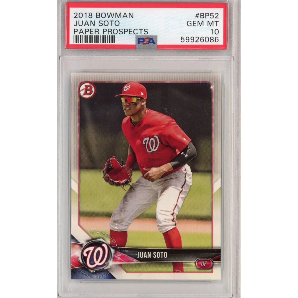 Graded 2018 Bowman Paper Prospects Juan Soto #BP52 Rookie RC Baseball Card PSA 10 Gem Mint | Hall of Fame Sports Memorabilia | vintageantiquesgifts.com